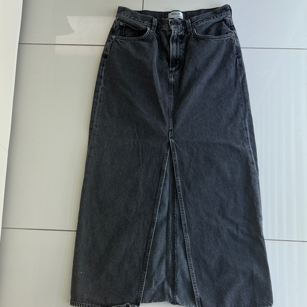 Agolde Black Denim Maxi Skirt with Center Front Slit